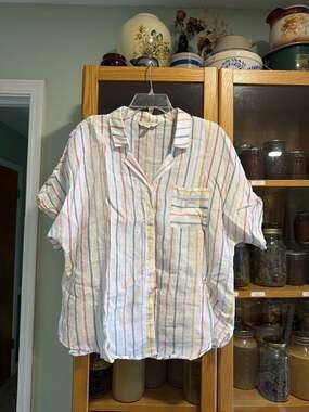 Garnet Hill Women's 100% European Flax Linen Short Sleeve Rainbow Stripe Button